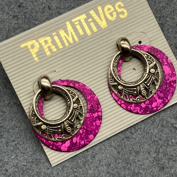 Primitives Vintage Pierced Earrings Knocker Silver Ring Purple Splatter Hoop - Picture 3 of 7